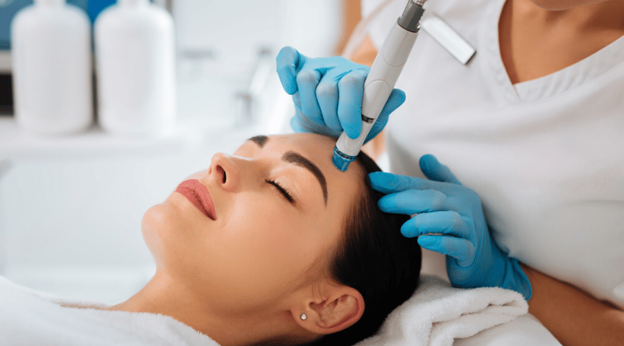 Woman getting a hydrafacial from a cosmetologist