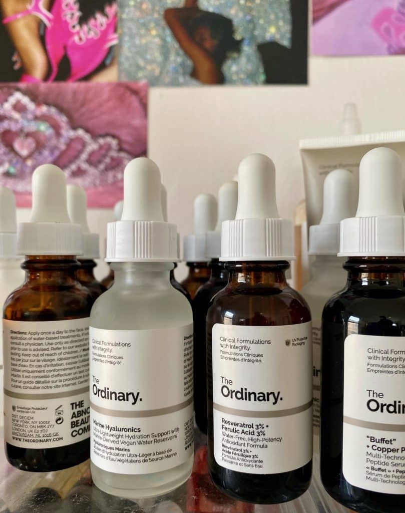 The Ordinary Resveratrol 3% + Ferulic Acid 3% next to other The Ordinary products